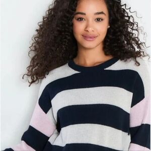 Lisa Todd Stripe Crew Neck Sweater Gray Black Small